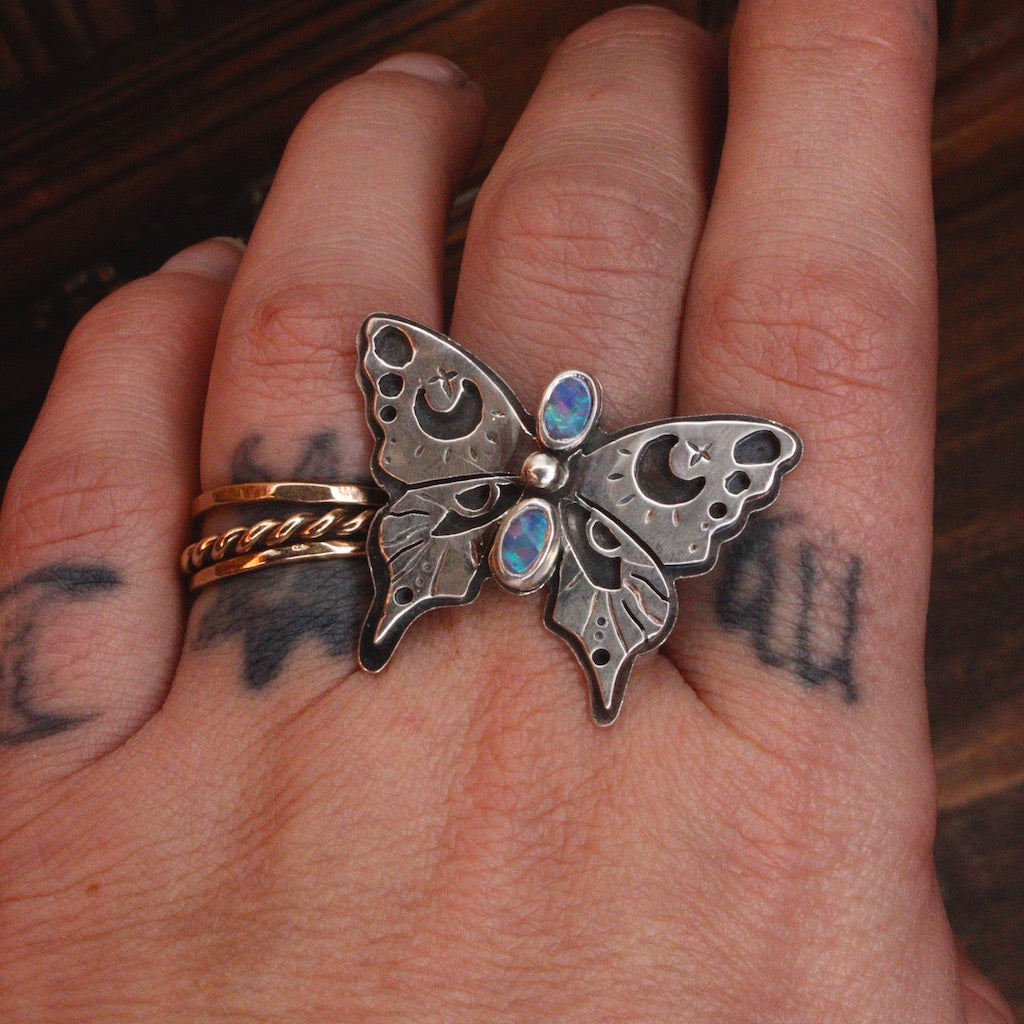 Opal Eyes Night Sky Butterfly- Ring size 8