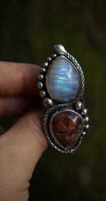Load image into Gallery viewer, Rainbow Moonstone and Mexican opal ring- size 8
