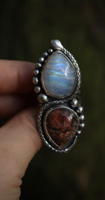 Load image into Gallery viewer, Rainbow Moonstone and Mexican opal ring- size 8

